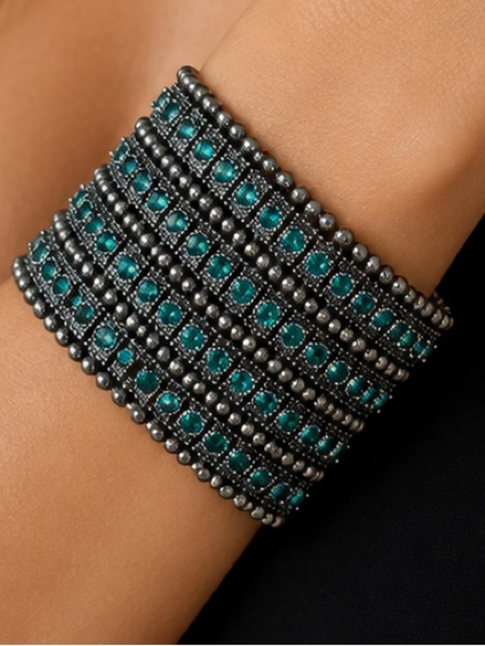 Vintage Style Chunky Teal Green Rhinestone 5-Row Stretch Bracelet Heavy 6.3oz